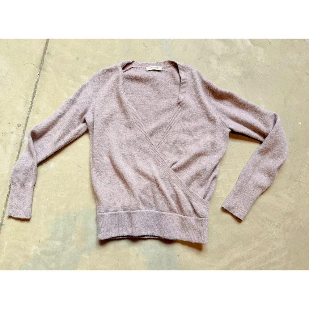 Madewell Womens Surplice Wrap Sweater Heathered Pink Wool‎ Blend V-Neck Pullover